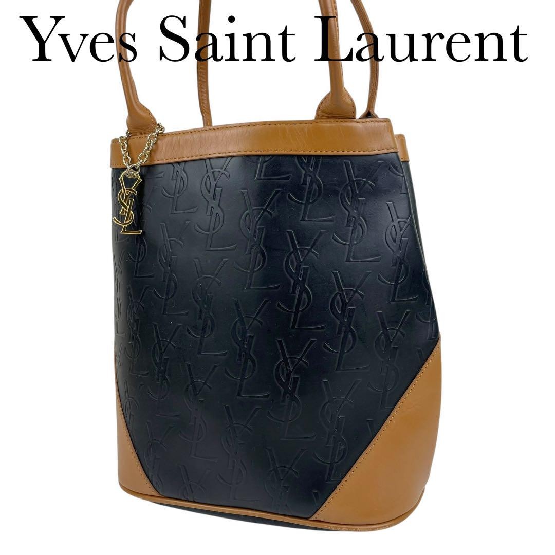 Borsa a mano Yves Saint Laurent con logo YSL pelle nero marrone usata ex+ originale GIAPPONE