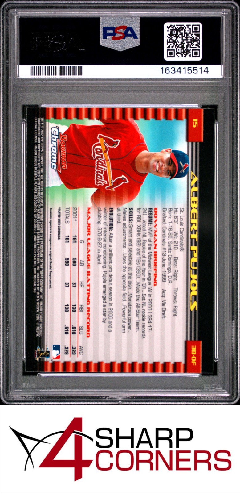 2002 BOWMAN CHROME #15 ALBERT PUJOLS CARDINALS PSA 9 view 2