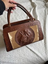 Vintage Aztec Tooled Brown Leather Fur 3D Design Handbag 60s Mexican