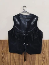 Men Native Traditional Western Cowboy Leather vest Fringe & Beaded