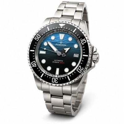 Automatic Diver Watch Blue Gradient Dial NH35 Sapphire 200m Steel Bracelet Date