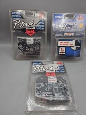Lot Of 3 Brother P-Touch TZ-252 Red & Clear  Ink On White 24mm 1'' Laminated Tape