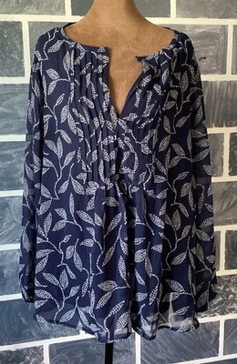 Lane Bryant Woman's Blouse 18 Shirt Navy Blue/White Long Sleeve Elastic Wrist