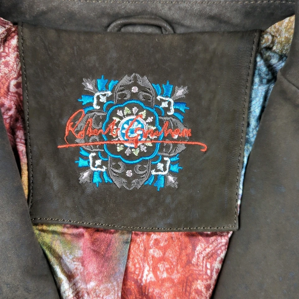 Robert Graham Leather Jacket Men 46 Brown Reverse Print Two Button Surgeon Cuffs - Image 3 of 4