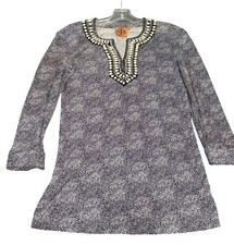 Tory Burch Beaded Silk Tunic Dress Blue White Long Sleeve Size S