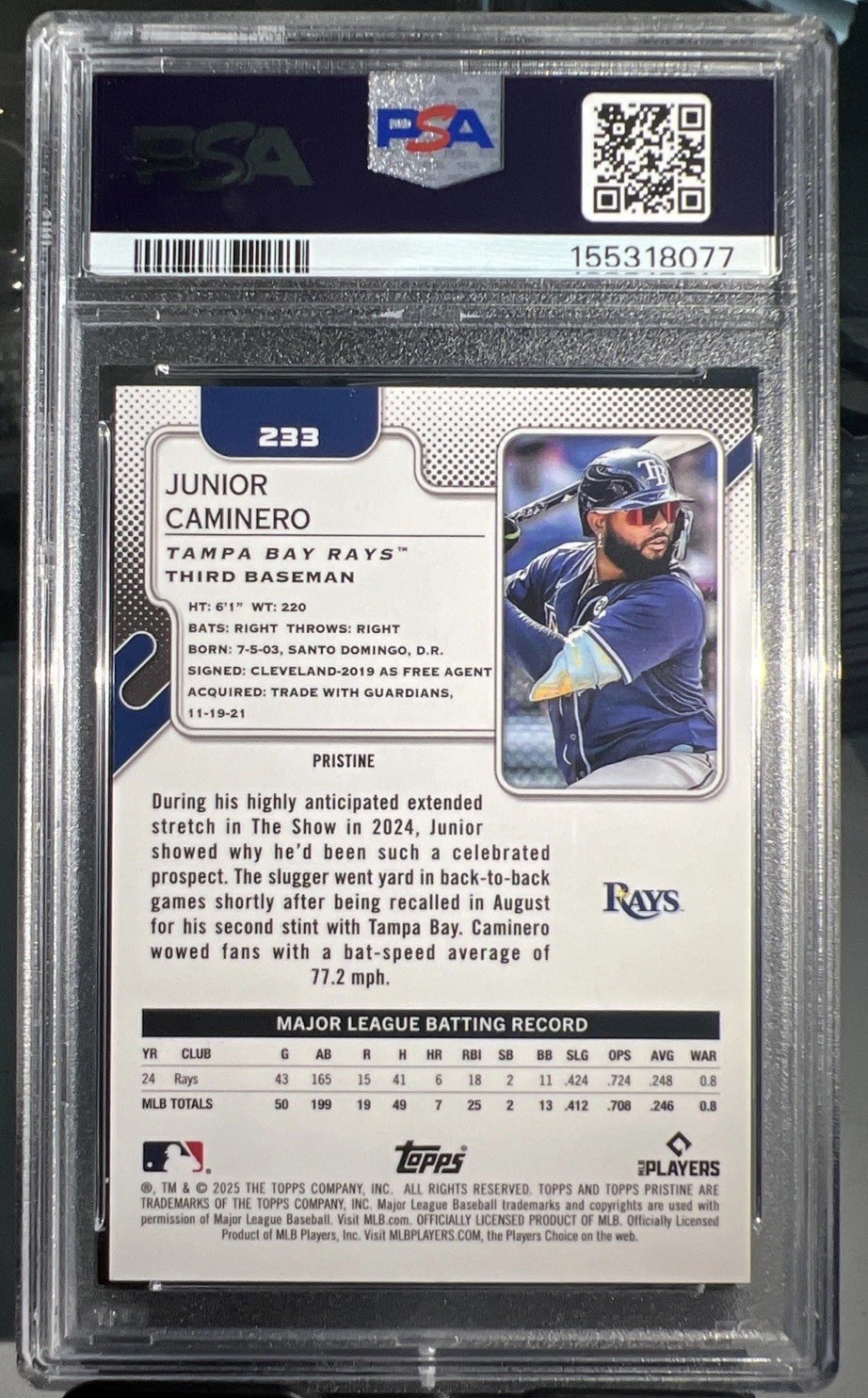 🔥2025 TOPPS PRISTINE JUNIOR CAMINERO BLACK PRISTINE 1/1 PSA 10🔥🔥RAYS🔥🔥1/1 view 2
