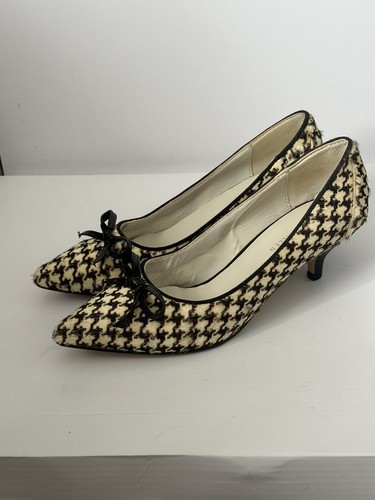 Karen Millen Genuine Leather Houndstooth Calf Hair Kitten Heel Pump Shoes Sz 37