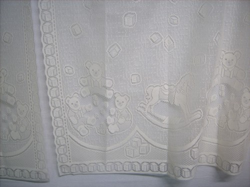 Valance & 2 Panel Teddy Bear & Rocking Horse Lace Children's Nursery Window Set - Picture 5 of 6