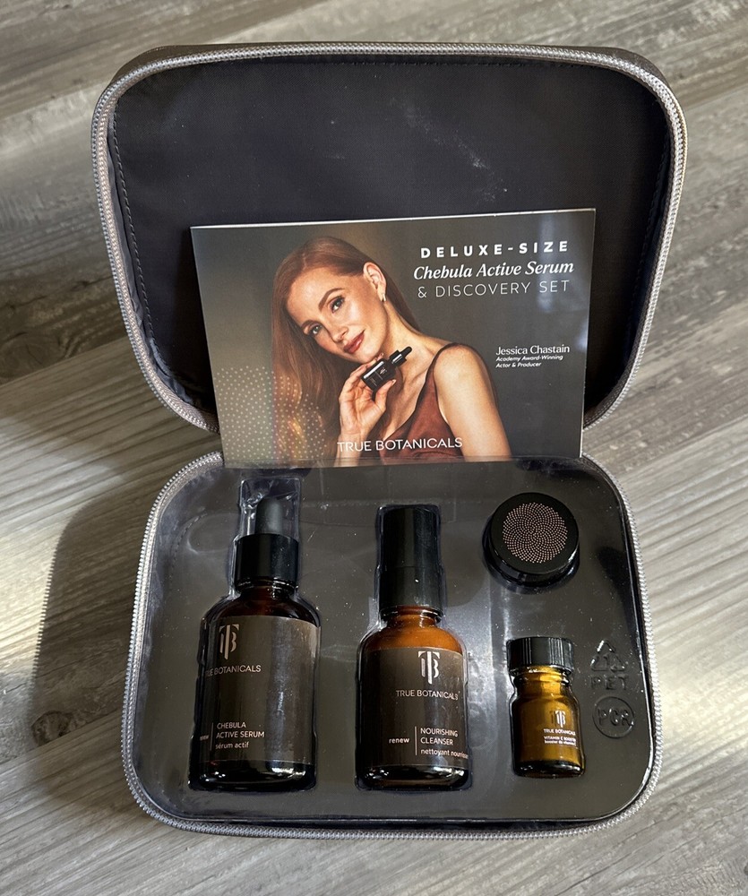 True Botanicals 4 Piece Collection Set w/ Luxurious Grey Shimmery Makeup Bag