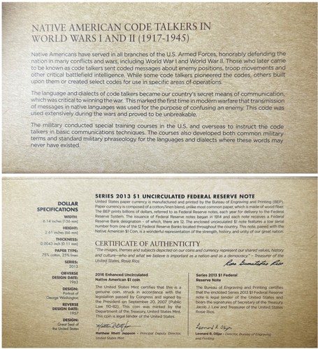 2016-S U.S. Mint Native American Dollar Code Talkers Coin & Currency Set - Picture 5 of 6