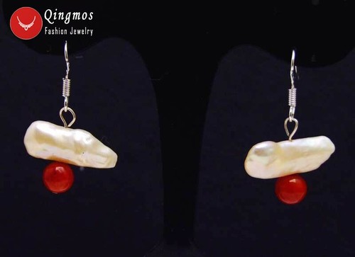 15-25mm Natural FW Biwa Pink Pearl Earring for Women & Red Coral Dangle Earring - Picture 4 of 6