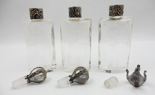ANTIQUE ETCHED GLASS CRYSTAL 3 PERFUME BOTTLE SET IN STERLING SILVER HOLDER - Picture 9 of 24