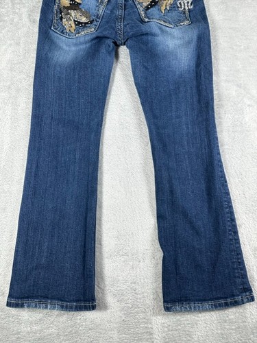 Pantalones de mezclilla Miss Me para mujer 28 Bootcut pierna ancha tiro bajo adornados lentejuelas Y2K - Imagen 6 de 16