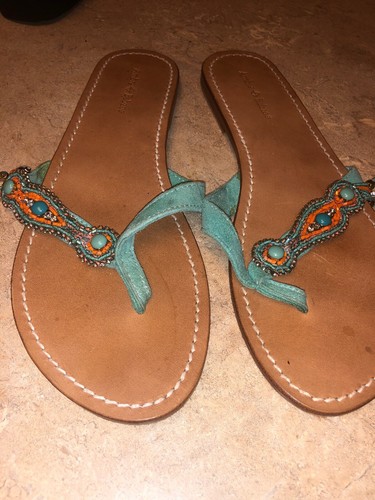 Pretty Ambre Babzoe Paris Flat Sandals Turquoise & Coral Beaded Beads Sz 40 9 US - Picture 8 of 12