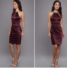 ELIZA J Pleated Satin Halter Neck Fully Lined Midi Dress EUC Size 4 Wine