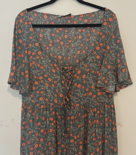 Rusttydustty Prairie Dress Women 2XL Green Orange Florals Tiered Ruffles Lace Up - Picture 2 of 16