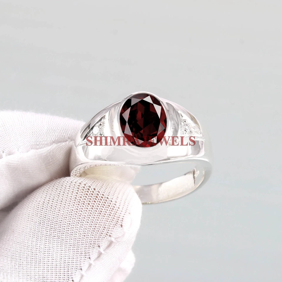 Naturale Granato Gemma Con 18K Placcato Oro Bianco Argento Uomo Anello #193 - Immagine 3 di 4