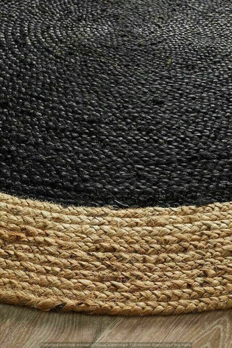 Rug Carpet Reversible Modern Braided 100% Natural Jute Bodred Black Round Mat - Picture 4 of 8