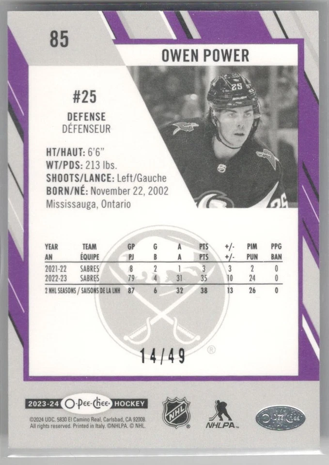 2023-24 O-Pee-Chee OPC Purple #85 OWEN POWER 14/49 Buffalo Sabres - Image 2 of 2