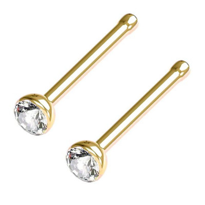 PAIR 18G GOLD TITANIUM 2MM PRESS FIT CZ CLEAR GEM NOSE STUD BONE RING  PIERCING