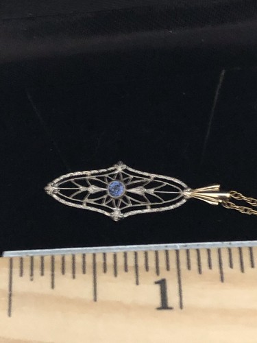Blue Sapphire 14k Antique Filigree Pendant and Chain - Picture 4 of 6