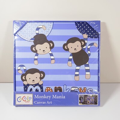 Monkey Mania Canvas Nursery Art Cocalo Baby Decor Wall Hanging Blue 12  x 1 2''