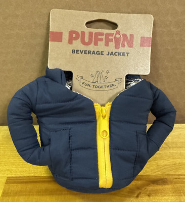 Puffin The Puffy Vest Insulated 12 oz Can Cooler Beer / Soda Can Blue & Gold NEW