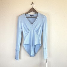 7 For All Mankind V-Neck Women s Ribbed Blue Long Sleeve Bodysuit Sz Small NEW