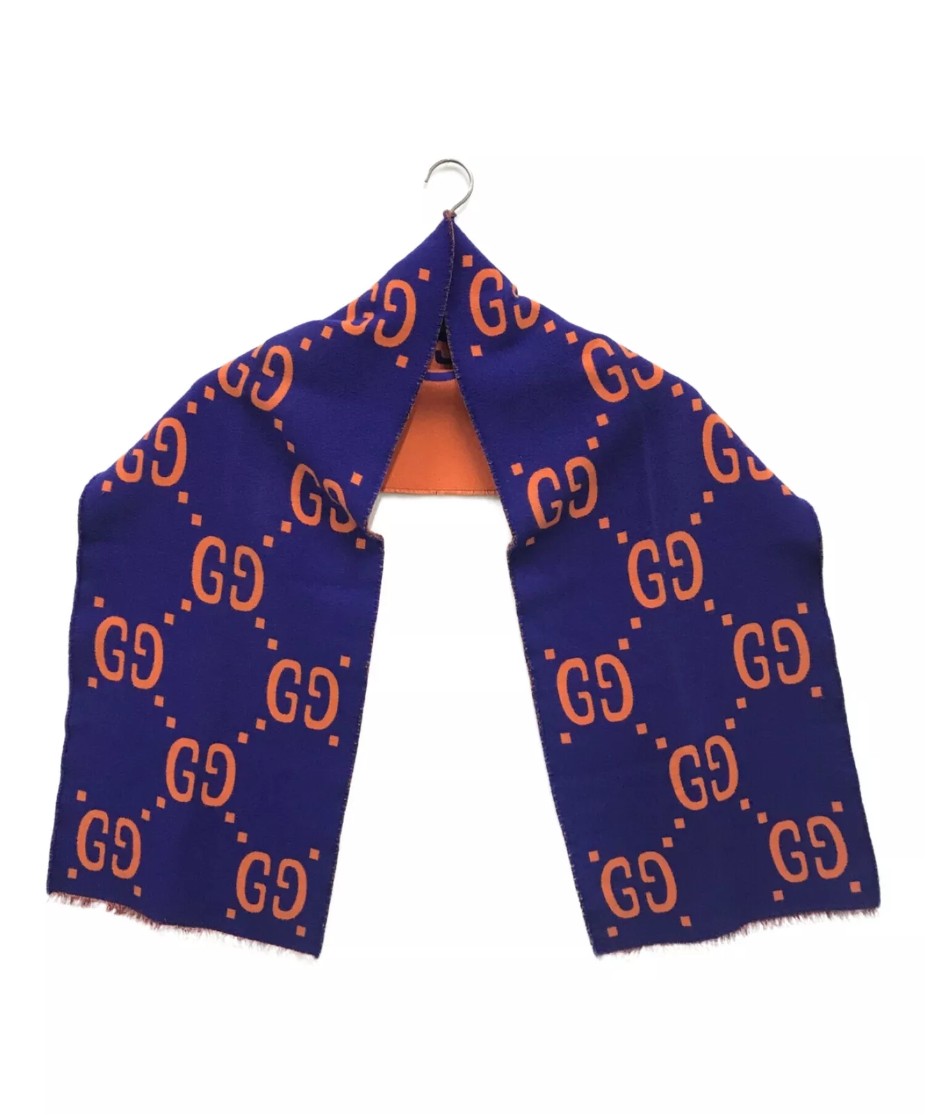 Foulard long Gucci GG laine jacquard soie bleu marine orange fabriqué en Italie 196 cm