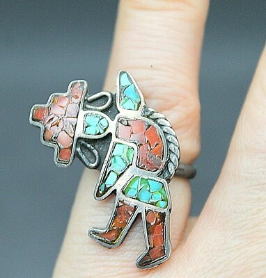 VINTAGE NATIVE AMERICAN TURQUOISE CORAL KACHINA DOLL STERLING