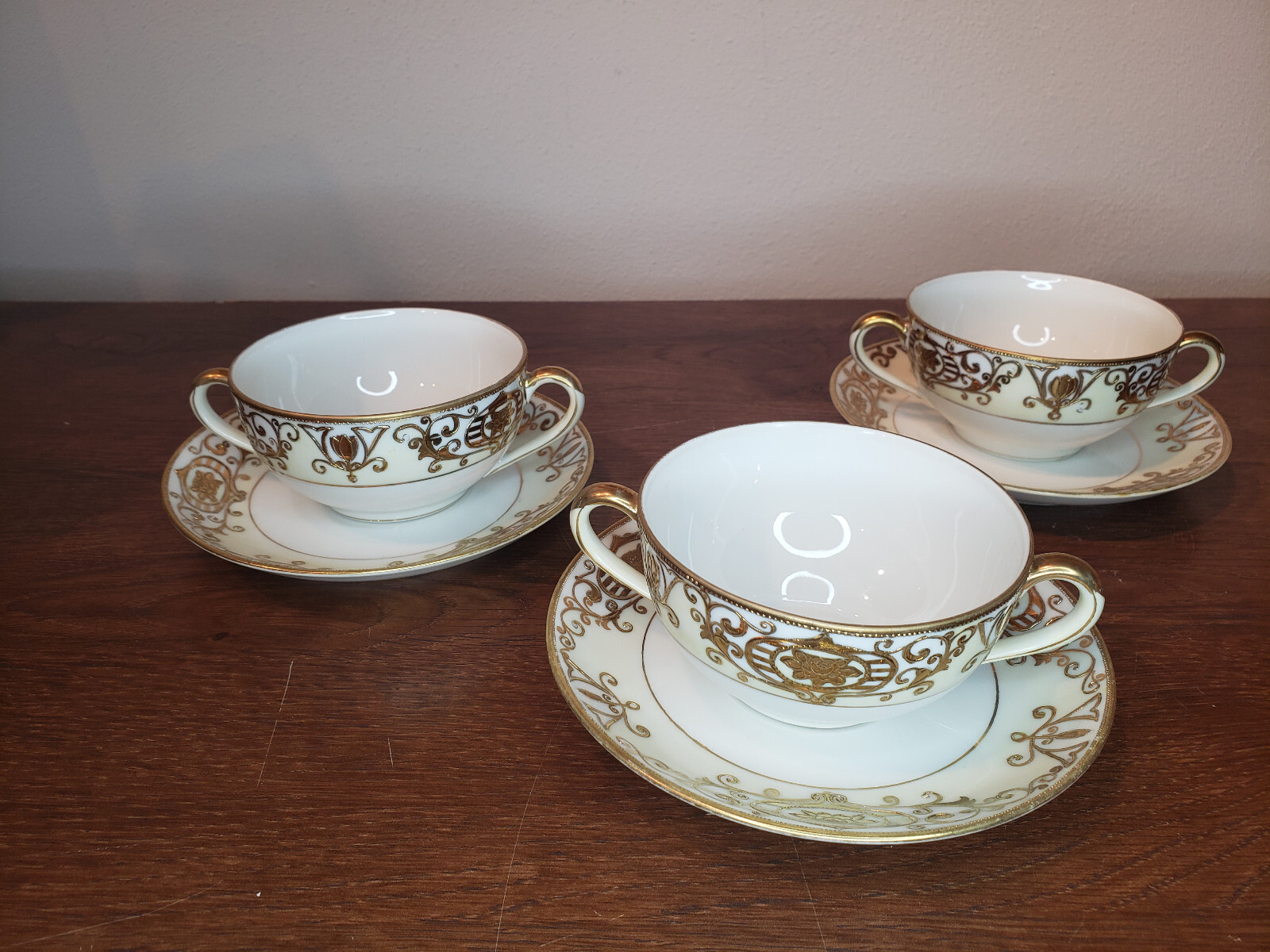 3 Vintage Noritake Christmas Ball Double Handled Cup & Saucer Sets