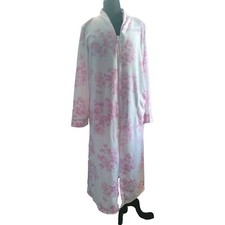 LAURA ASHLEY PINK White ROSE Floral WAFFLE KNIT Front Zip ROBE Pockets Nightie