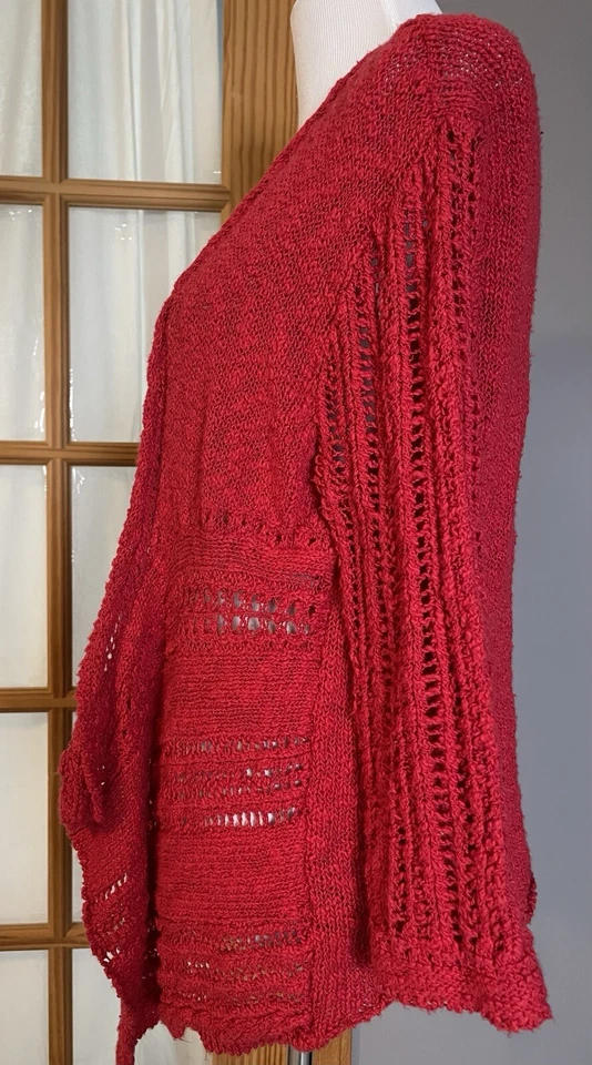 Rafaella Open Front Cardigan Women’s PL Red Cable Knit Drape Peasant Lagenlook - Image 3 of 4