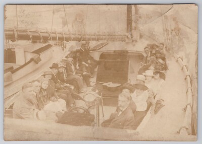 c1920s Yacht Photo Sailing Snapshot Boat Sailboat Emily V People Deck Helm