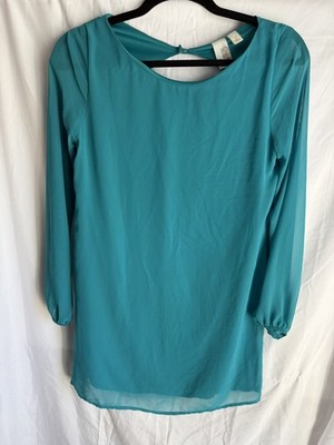 Francesca's Bird Cage Brand Teal Shift Dress  long Sleeve Lined Sheer Small 
