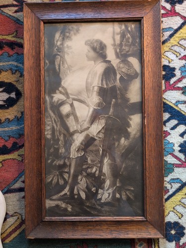 Antique Lithograph Print Sir Galahad Knight & Horse Oak Frame 13 1/2" X 23" H - Picture 2 of 9