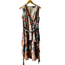 Tahari Floral Sleeveless V Neck Layered Dress Size 8 Multicolor 