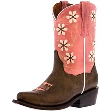 Kids Cowboy Boots Pink Flowers Leather Ranch Snip Toe Rodeo Wear Size 9, 13
