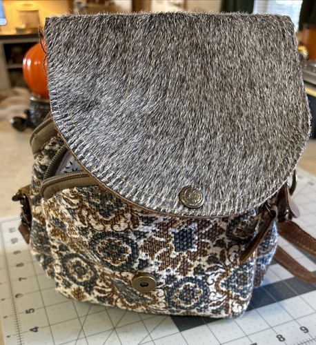 Myra Tasche Rucksack braun elfenbein Rindshaar Leder grau Canvas Stoff Taschen - Bild 17 von 18