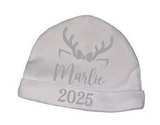 Personalised Baby White Beanie Hat Christmas Reindeer name one size