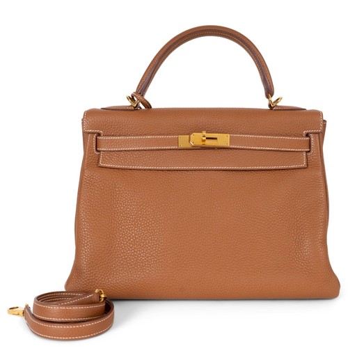 74538 auth HERMES Gold camel Togo leather KELLY 32 RETOURNE Bag Ghw