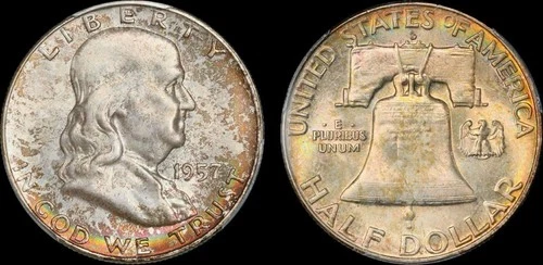 1957 D Franklin Half PCGS MS66 FBL CAC RAINBOW TONED
