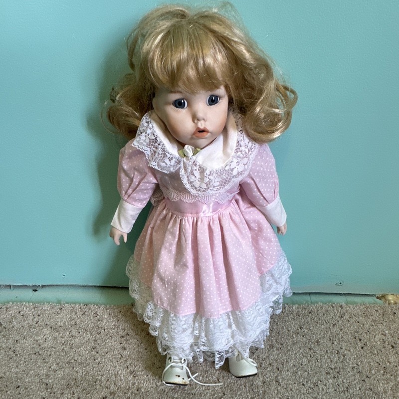 Porcelain Girl Doll Blue Eyes Light Complexion Blonde Curly Hair Pink Lace Dress