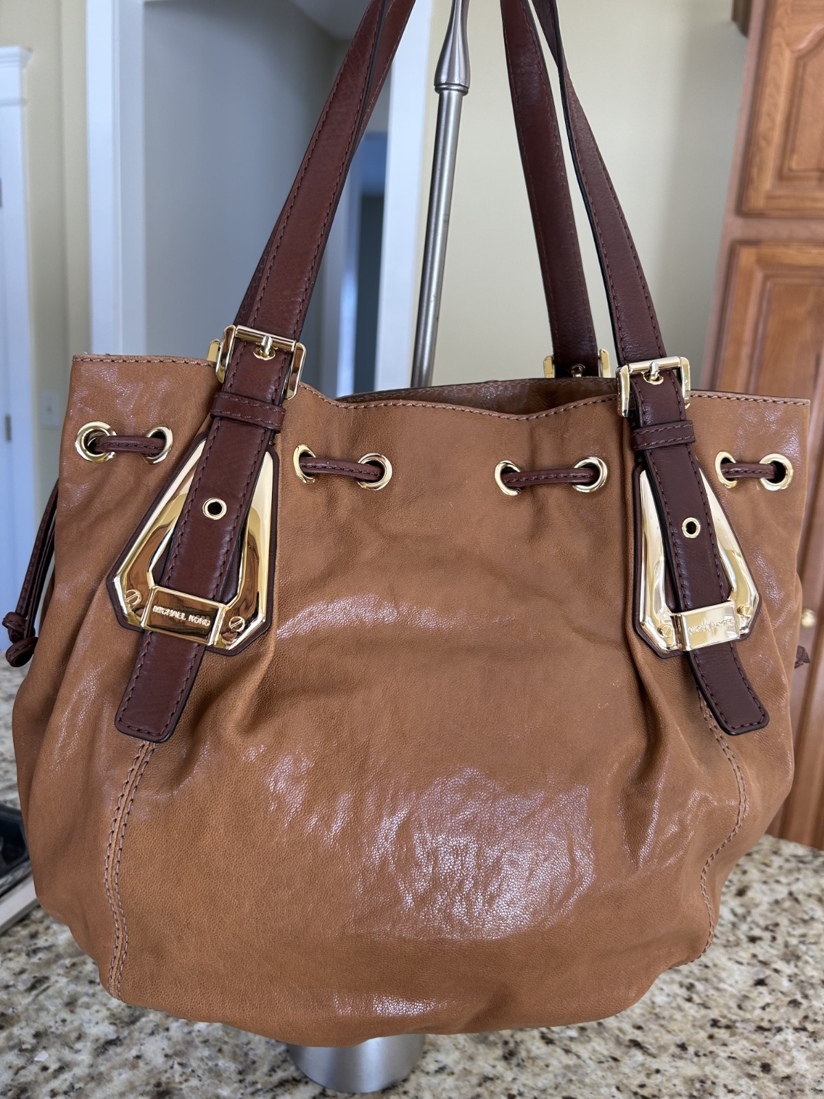 Authentic Michael Kors Rare Vintage Draw String Leather Tote Bag image 2