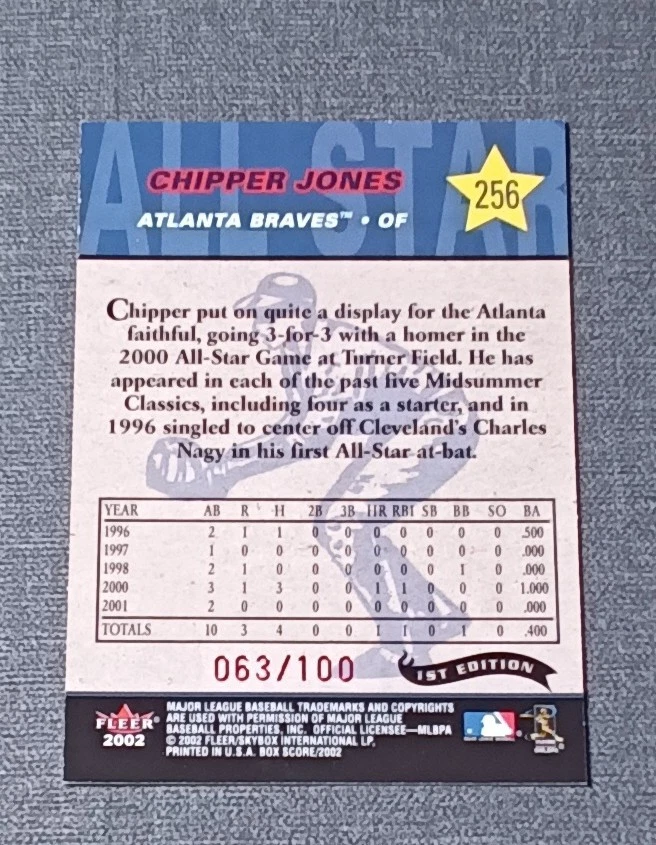 Fleer Box Score All-Stars 2002 primera edición/100 Chipper Jones #256 patio Foto 2 de 2