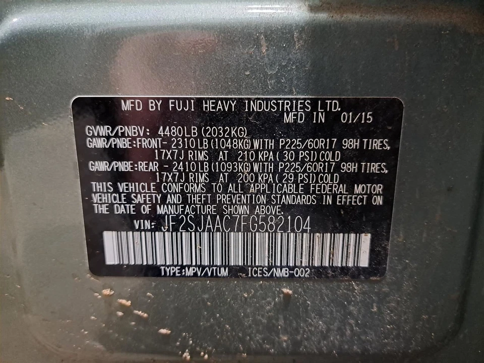 2015 Forester Right Passenger Side Rear Door Assembly Color: Green H5q Foto 4 de 4