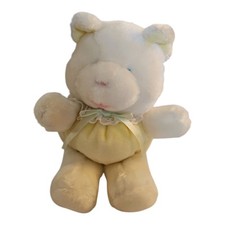 RARE Eden VTG White Baby Bear Pastel Yellow Round Soft Body Ruffle Collar Bow 9"