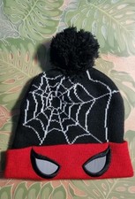 Marvel Spiderman Eyes Beanie Hat Knit Cap Black Pom Pom Spider Web Sz M/L