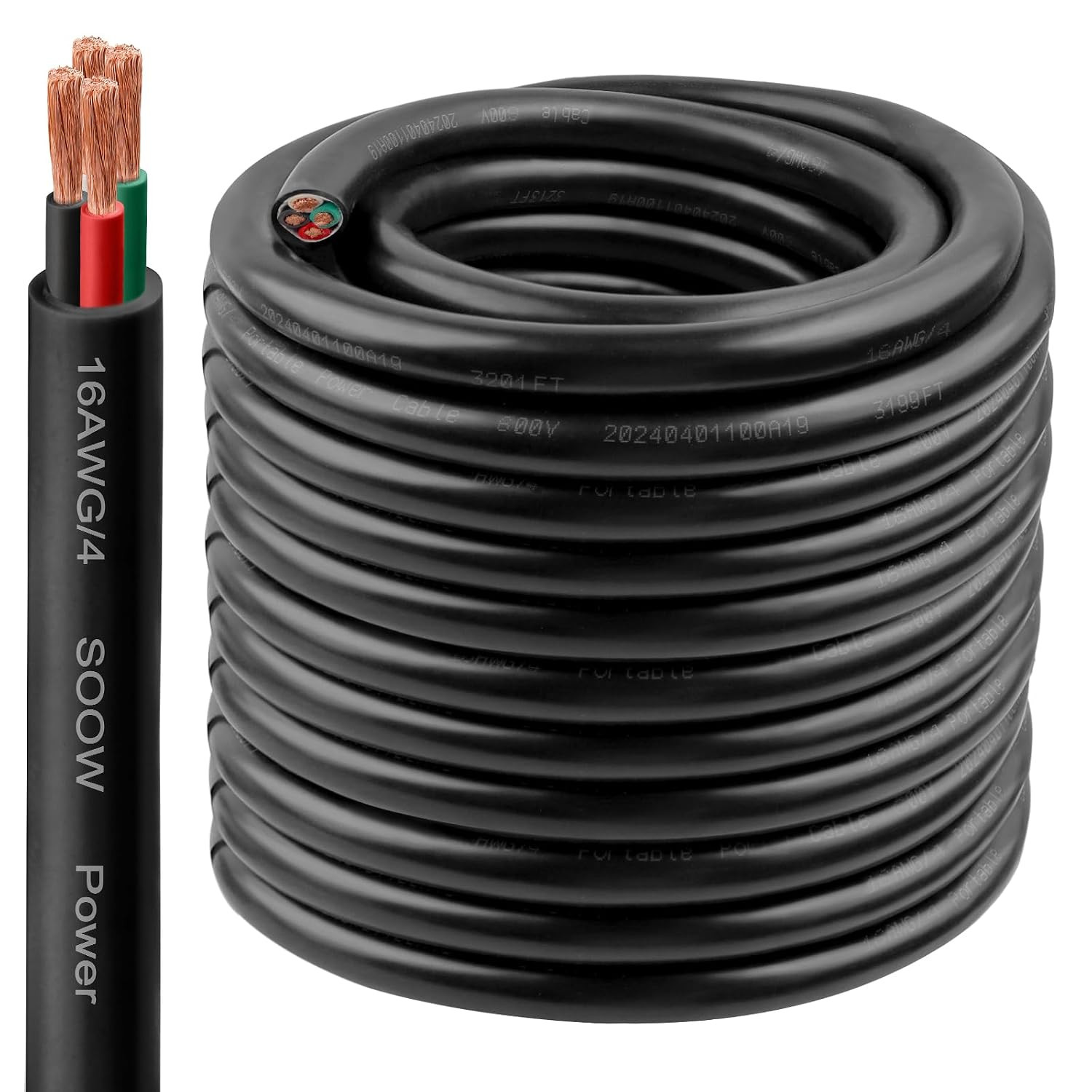 16/4 SOOW Wire 100FT, 16 AWG 600V SOOW Bulk Cable, 16 Gauge 4 Conductor Portable