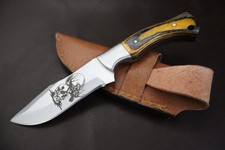 8" HANDMADE ETCHED STEEL SKINNER KNIFE WITH WOOD HANDLE  W/SHEATH